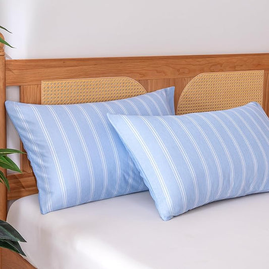 Amazon Basics Stripe Cooling Pillow Cases for Hot Sleepers, Soft Cooling Pillow Covers with Envelope Closure, 20" x 36", King, Blue, Pack of 2
