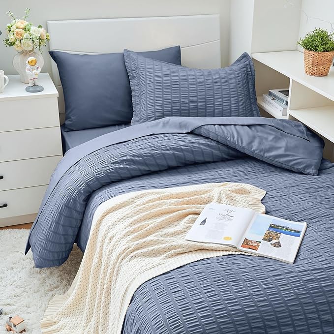 HYMOKEGE Nordic Blue Twin XL Comforter Set Seersucker 5 Pieces, All Season Luxury Bed in a Bag for Bedroom, Bedding Set with Comforter, Sheets, Pillowcase & Sham