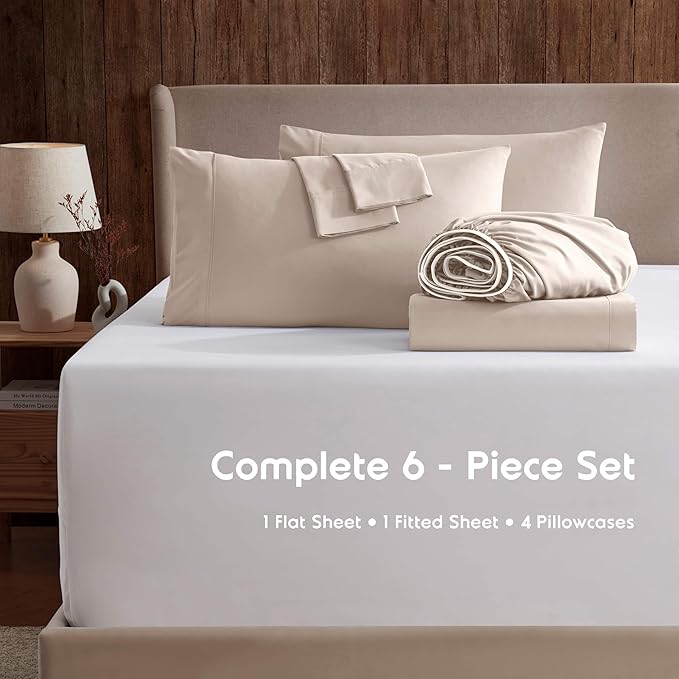 Nestl Extra Deep Queen Sheet Set - 6 Piece Breathable & Cooling Sheets - Hotel Luxury Bedding Set w/18-24 Inch Deep Pockets - Easy & Secure Fit - Super Soft, Wrinkle Free & Comfy - Beige Cream