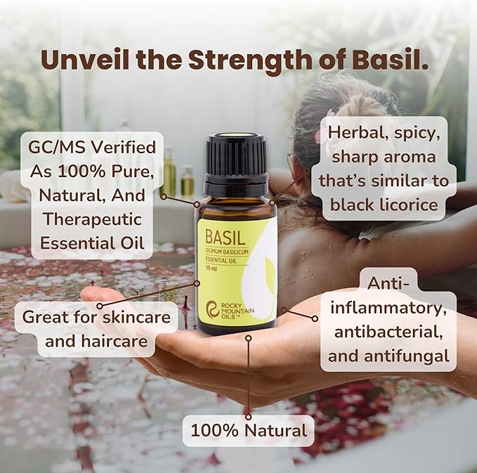Rocky Mountain Oils - Basil Essential Oil 15ml - Essential Oil Kit Includes, Citrus Purify, & First Aid, for Diffuser
