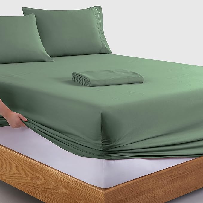 Manyshofu Extra Deep Pocket Twin Sheets Set - Hotel Luxury 1800 Thread Count Sheets & Pillowcases - Kids Bedding Set up to 24" Mattress - Sage Green Bed Sheets 18-24 Inch Deep Pockets - 3 Piece