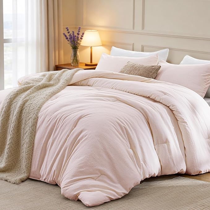 Love's cabin King Size Comforter Set Pink, 3-Piece 90% Polyester 10% Linen Blend Bedding Set, Linen-Look Textured Stripe, Down Alternative All-Season Comforter with Pillow Shams | Soft, Breathable, Lightweight