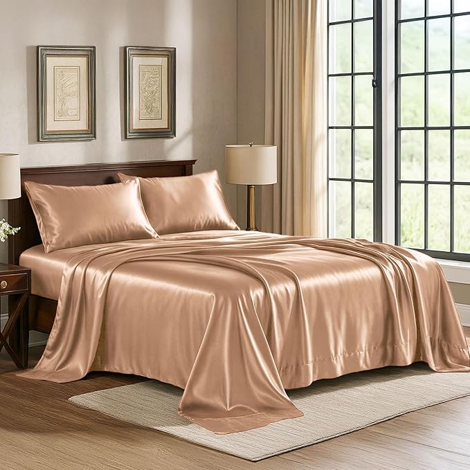Pure Bedding Satin Sheets California King [4-Piece, Rose Gold] Hotel Luxury Silky Bed Sheets - Extra Soft Microfiber Sheet Set, Wrinkle Resistant - Deep Pocket Fitted Sheet, Flat Sheet, Pillow Cases