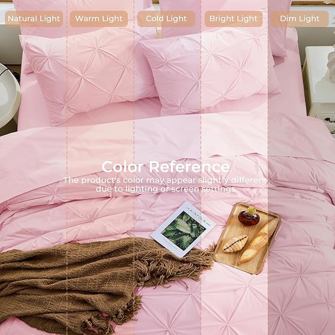 Sasttie California King Comforter Set, 7-Piece Bed in a Bag, Pintuck Bedding Sets for All Season, Includes Comforter, Flat Sheet, Fitted Sheet, Pillowcases and Pillowshams, Baby Pink