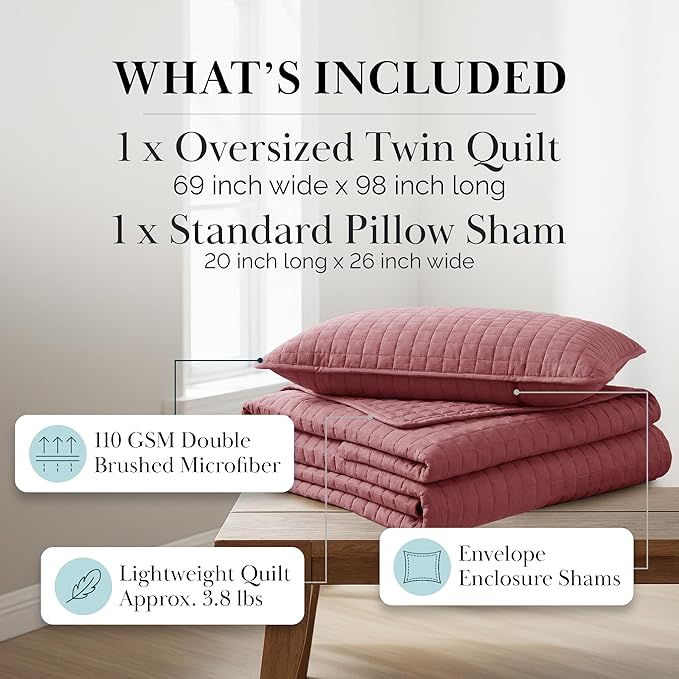 Southshore Fine Living, Inc. Twin XL Quilt Set with Pillow Sham, Quilted Twin Bedspread, Coverlet, Oversized Bed Quilt for Full Coverage, Soft and Comfy, Easy Care, Machine Washable, Marsala