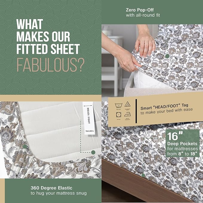TEXAS LINEN CO. 100% Organic Cotton Printed Sheets California King Size - 4 PC Organic Cotton Cal King Percale Weave Sheet Set, Soft, Cooling & Crisp, 16" Deep Pocket Hotel Bedding Set - Floral Ivory