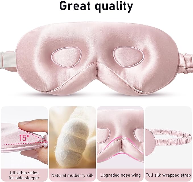 LitBear 100% 22 Momme Mulberry Silk Sleep Mask - 3D Contoured Eye Mask for Men Women, Soft Breathable Sleeping Mask with Adjustable Strap, Perfect Blocks Light for Sleeping (Pale Pink)