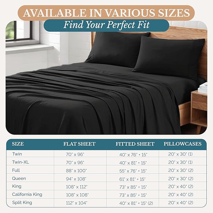 Casa Platino California King Sheets, 4 Piece Set, Pre-Washed Ultra Soft Bed Sheets Set, Brushed Microfiber Bedding Sets, Size Sheet with 15 inch Deep Pockets - Black