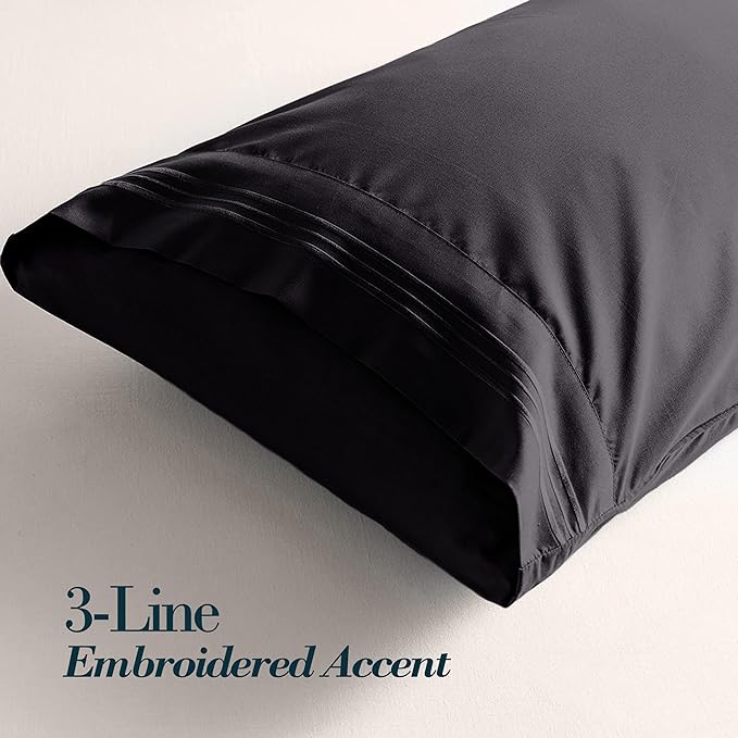 Mocassi 2-Piece Premium King Pillowcase Set 1800 Series Hotel Quality Microfiber - Soft and Breathable with 3-Line Embroidery Wrinkle and Stain Resistant, Easy Care, 20" x 40", Black