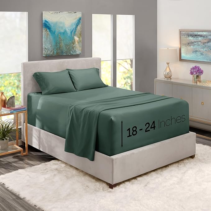 Nestl King Size Sheet Set, 4 Piece Extra Deep Pocket (18-24 inches), Microfiber, Hotel Luxury, Soft, Breathable, Wrinkle-Free, Easy to Care, Forest Green
