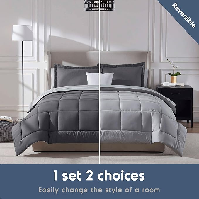 Nestl 9 Piece Queen Comforter Set – Dark Grey Reversible Bed in a Bag – Complete Queen Size Bedding Set with Sheets, Set of 2 Cooling Pillows, Pillowcases and Shams