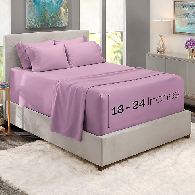 Hearth & Harbor Extra Deep Pocket Sheets - Fits Mattress 18-24 Inches Deep - Extra Deep Pocket Split King Size Sets - 7 Piece Split King Size - Lavender