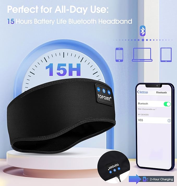 TOPOINT Sleep Headphones Bluetooth 5.4, Sports Wireless Earphones Sweat Breathable with HD Stereo Speaker for Women Men Sports Gifts Workout Jogging Yoga Insomnia Travel Meditation