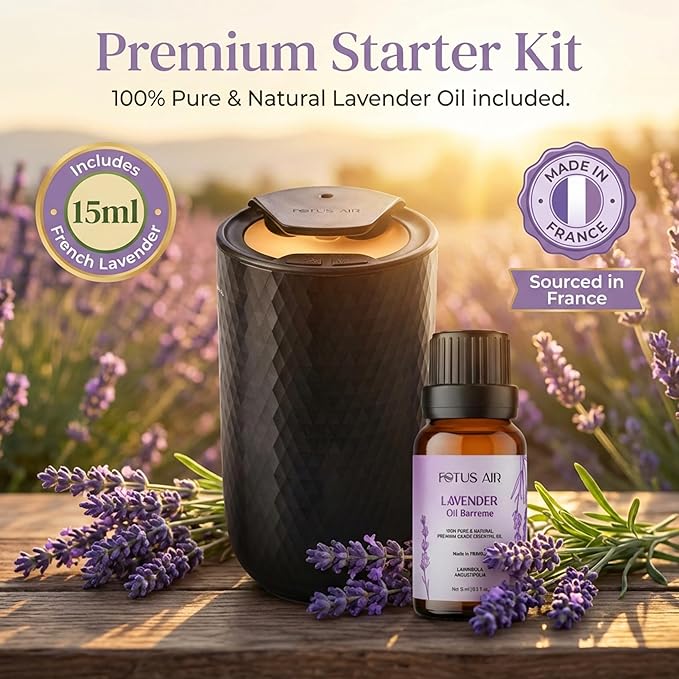 Waterless Essential Oil Diffuser Starter Kit with 15ml French Lavender Oil - Rechargeable Cordless Aromatherapy Machine for Home Bedroom Car Office Travel - 3 Mist Levels - 4 Timer - 24-Hour Battery