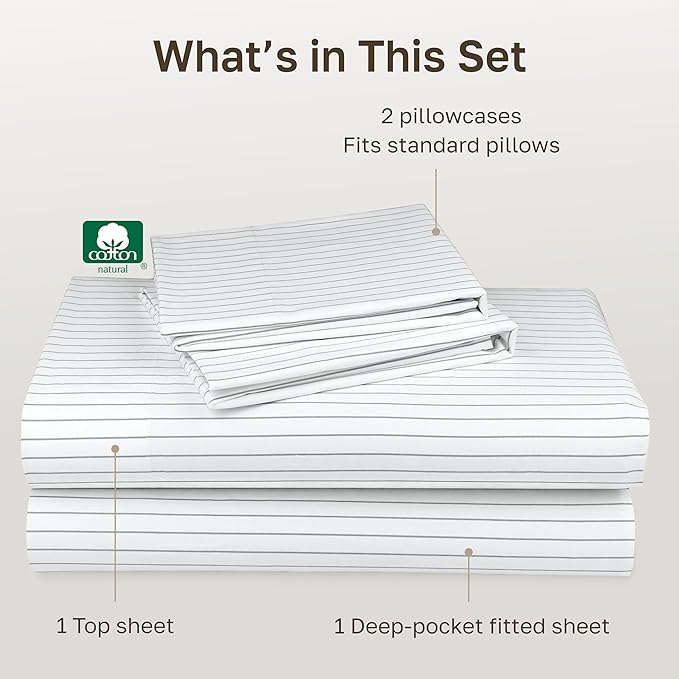 California Design Den Soft 100% Cotton Full Size Bed Sheets Set, 400 TC Good Housekeeping Award Winner, Smooth Sateen Finish with Deep Pockets, Cozy and Durable Full Bedding Set - Pinstripe