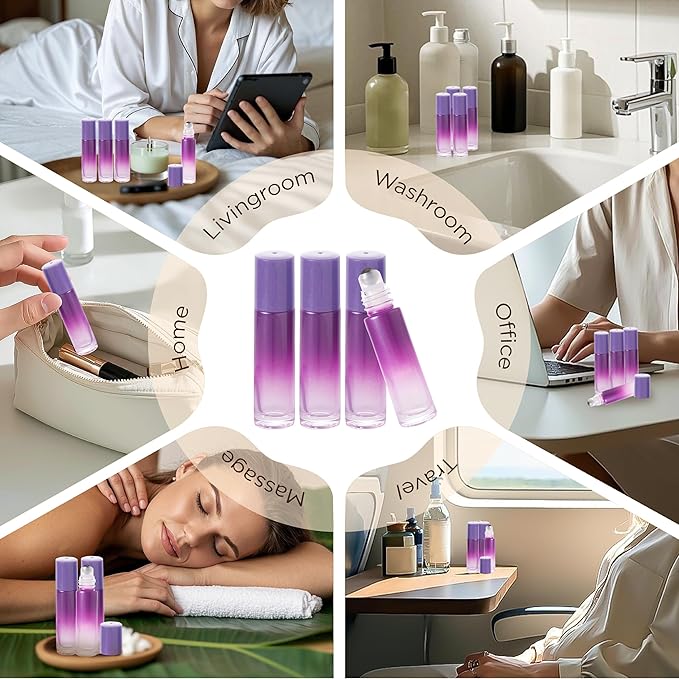 SESENSE Essential Oil Roller Bottles, 10ml Thick Glass Perfume Roller Bottles with Funnel Opener and Dropper Colored Glass Empty Bottles with Stainless Steel Roller Balls (Purple, 12 Pack)