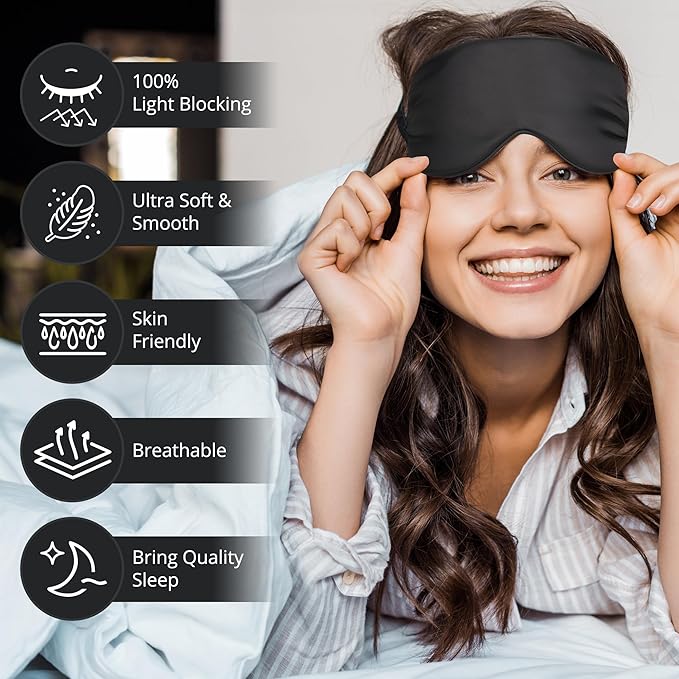 BOKOR Adjustable Silk Sleep Mask, Eye Mask for Sleep, Mulberry Silk Luxury Eye Cover, 100% Light-Blocking, Improve Sleep, with Travel Bag - Black
