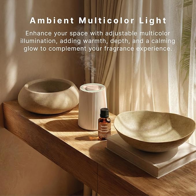 Homedics Waterless Essential Oil Diffuser with 15ml Vanilla Cedarwood Fragrance Oil. SereneScent Cordless Cold Air Scent Diffuser Starter Kit with Ambient Light, Studio 671 (Beige)