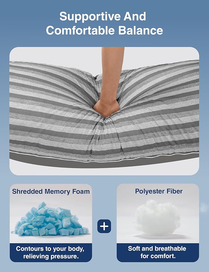 ZonLi Cooling Body Pillow for Adults, Long Pillow with Memory Foam Adjustable, Firm Support Body Pillow for Side Sleeper, Pregnant, Back Pain Relief, Washable Pillowcase, 20x54 inch, Grey
