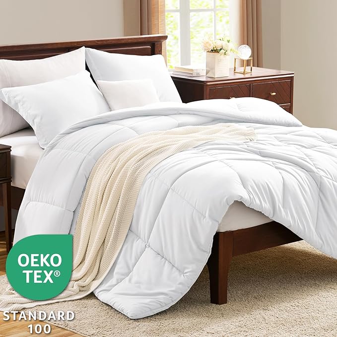 CozyLux Full Size Comforter Sets - White Comforter Full Size, 3 Pieces Box Stitched Bed Set for All Seasons, Soft Lightweight Bedding Sets with 1 Down Alternative Comforter and 2 Pillow Shams