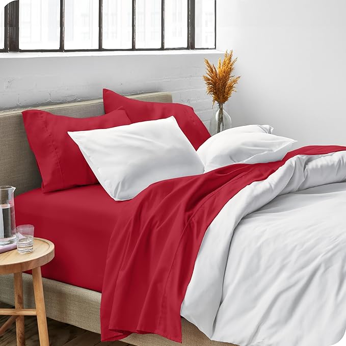 Bare Home Split King Sheet Set - 1800 Ultra-Soft Microfiber Bed Sheets - Double Brushed - Deep Pockets - Easy Fit - 5 Piece Set - Bedding Sheets & Pillowcases (Split King, Red)