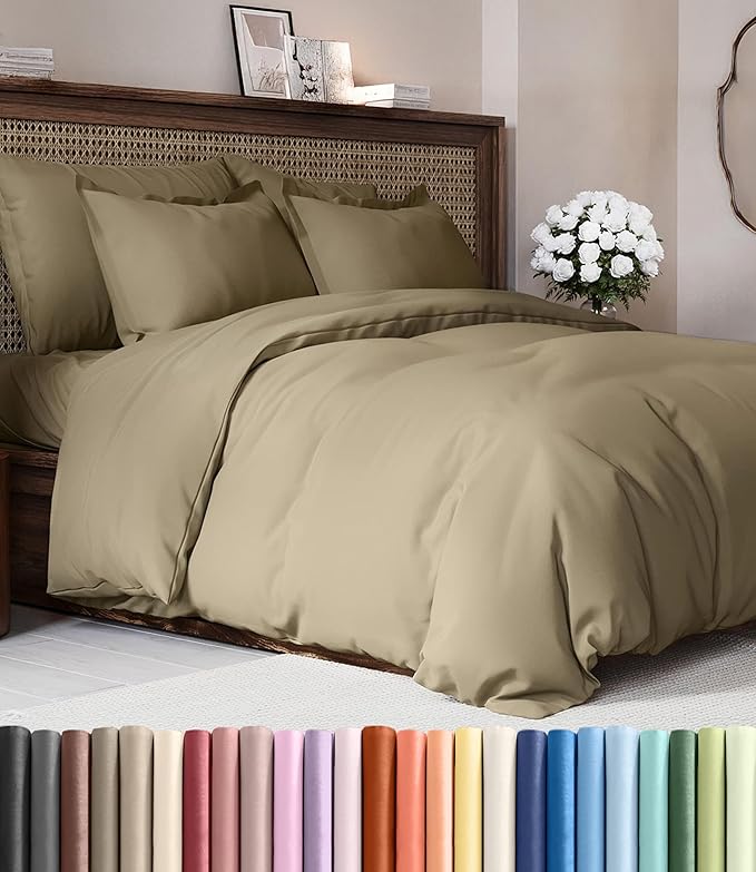 Duvet Cover Cal King Size Set - Extra Soft Cal King Duvet Cover 104" x 98" with 2 Pillow Shams - Hotel Luxury, Easy Care & Fade Free with Zipper Closures & Ties - Comfy, Cozy and Breathable (Khaki)