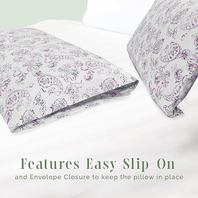 Elegant Comfort Ultra Soft Set of 2 Floral Print Pillowcases - 1500 Premium Hotel Quality Microfiber, Soft and Smooth Envelope Closure 2-Piece Pillow Covers - Standard/Queen, Paisley Purple