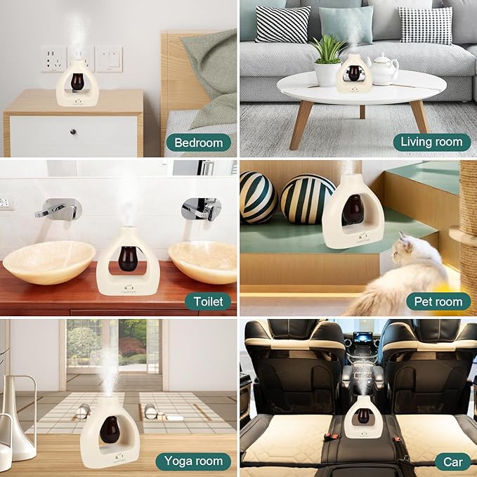 HAPPTWS Waterless Essentil Oil Diffuser Set - Cordless Diffuser 3 Timer Settings Battery Operated for Bedroom Yoga Studio Bathroom Pet Room-Milky White
