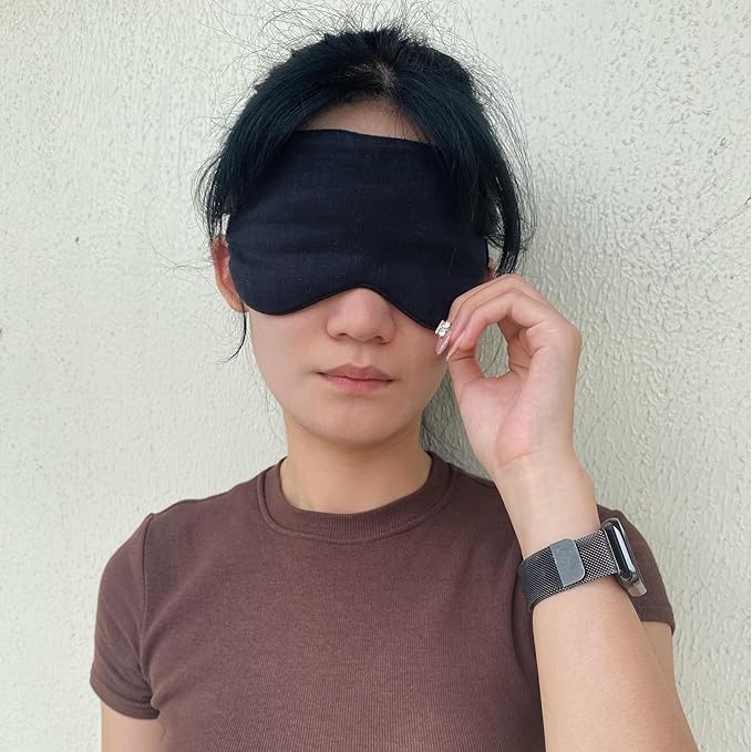 100% Blocking Light Eye Mask Pure Linen Sleep Mask with Elastic Band,Soft Zero Pressure Black Eyes Cover,Side Sleeper Eye Cover Cooling Puffiness Dry Eyes