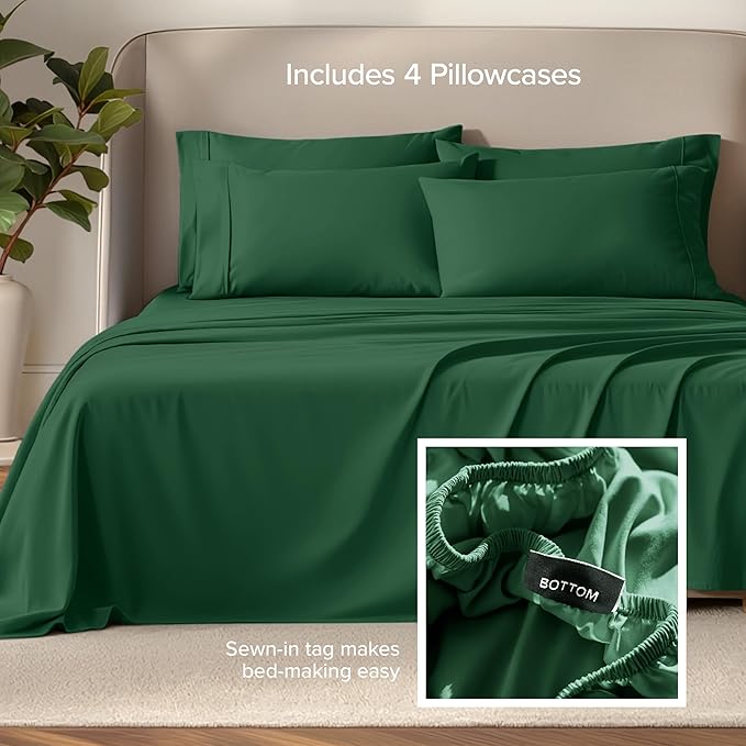 Bare Home Hotel Luxury Queen Sheet Set, Extra Soft - 6 Piece Set - Deep Pockets - Easy Fit - Cooling & Breathable - Wrinkle, Fade, Stain Resistant - Includes 4 Pillowcases (Queen, Forest Green)