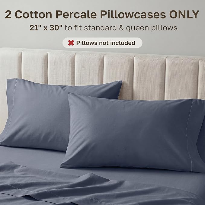 California Design Den 100% Egyptian Cotton Pillow Cases Standard/Queen Set of 2 - Crisp Percale Feel, Soft & Breathable Pillowcases Cotton - Mineral Blue (Grey Tone)