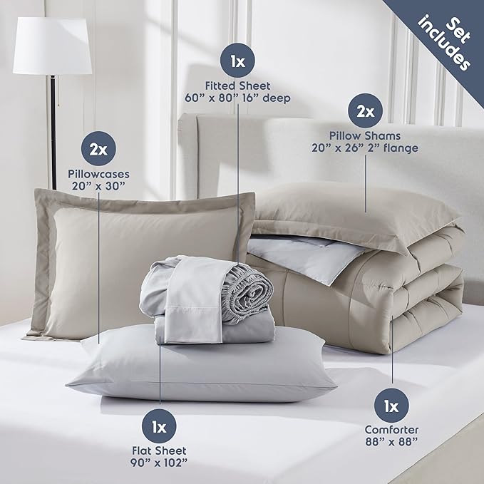 Nestl 9 Piece Queen Comforter Set – Linen Reversible Bed in a Bag – Complete Queen Size Bedding Set with Sheets, Set of 2 Cooling Pillows, Pillowcases and Shams