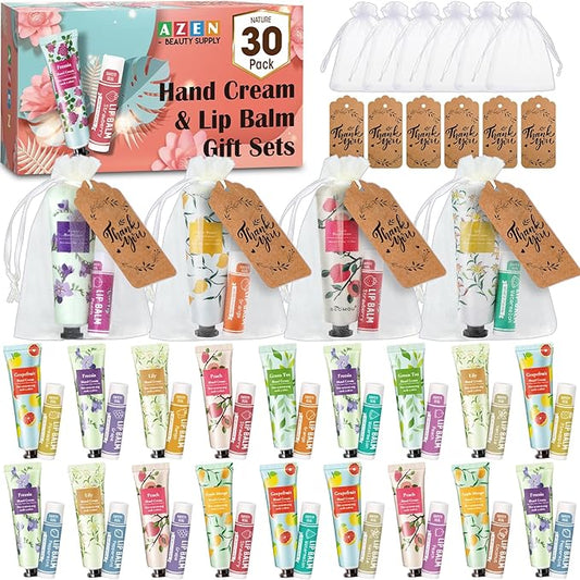 AZEN 30 Sets Bulk Gifts, Hand Cream and Lip Balm Bulk Set with Organza Bag Thank You Card, Baby Shower Wedding Gift for Guests, Bridal Wedding Favors for Guests, Mothers Day Gifts Stocking Stuffers