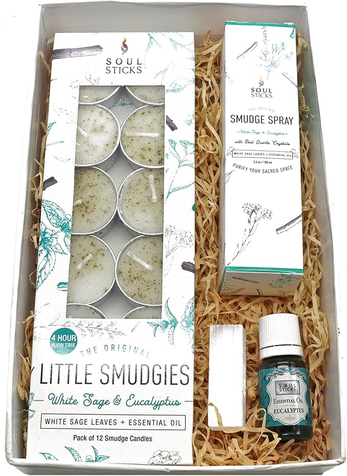 SOUL STICKS Aroma Smudge Kit | Gift Set with Little Smudgies Candles, Smudge Spray, Essential Oil and 2 Selenite Wand in White Gift Box (Eucalyptus)