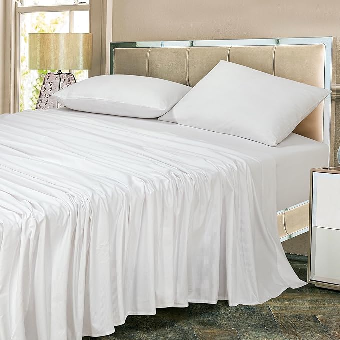 ROYALE LINENS 300 Thread Count 100% Long Staple Combed Cotton Stripe Sheet Set - 4 Piece King Bed Sheets - 1 Fitted, 1 Flat & 2 Pillow Cases - Soft Cool & Crisp Sheet Set (King, Narrow Stripe White)