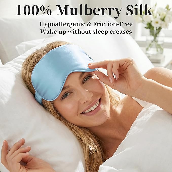 ZLYC 100% Mulberry Silk Sleep Mask Pressure-Free Eye Cover Soft Light Blocking Blindfold for Travel & Nap, Solid Light Blue