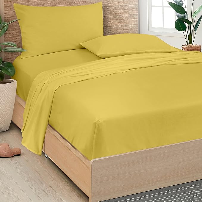 ROYALE LINENS 300 Thread Count 100% Long Staple Combed Cotton Sheet Set - 4 Piece Queen Bed Sheets - 1 Fitted, 1 Flat & 2 Pillow Cases - Soft Cool & Crisp Sheet Set (Queen, Yellow)