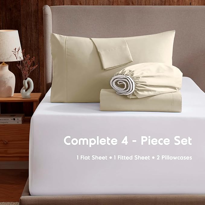 Nestl Extra Deep Twin Sheet Set - 4 Piece Breathable & Cooling Sheets - Hotel Luxury Bedding Set w/18-24 Inch Deep Pockets - Easy & Secure Fit - Super Soft, Wrinkle Free & Comfy - Beige Cream