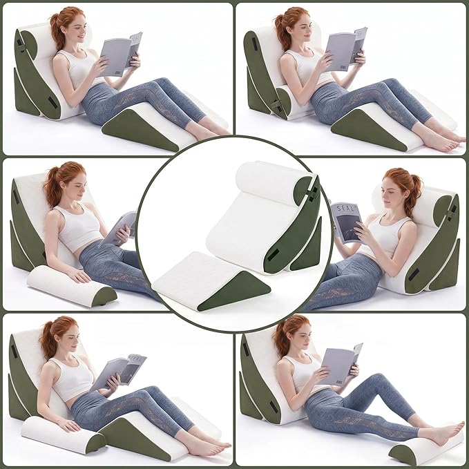 4PCS Wedge Pillow Set for After Surgery,Bed Orthopedic Pillow for Sleeping, Memory Foam Back Pillow for Pain Relief and Acid Reflux, Adjustable Sitting Up for Bed Post Surgery Pillow Green