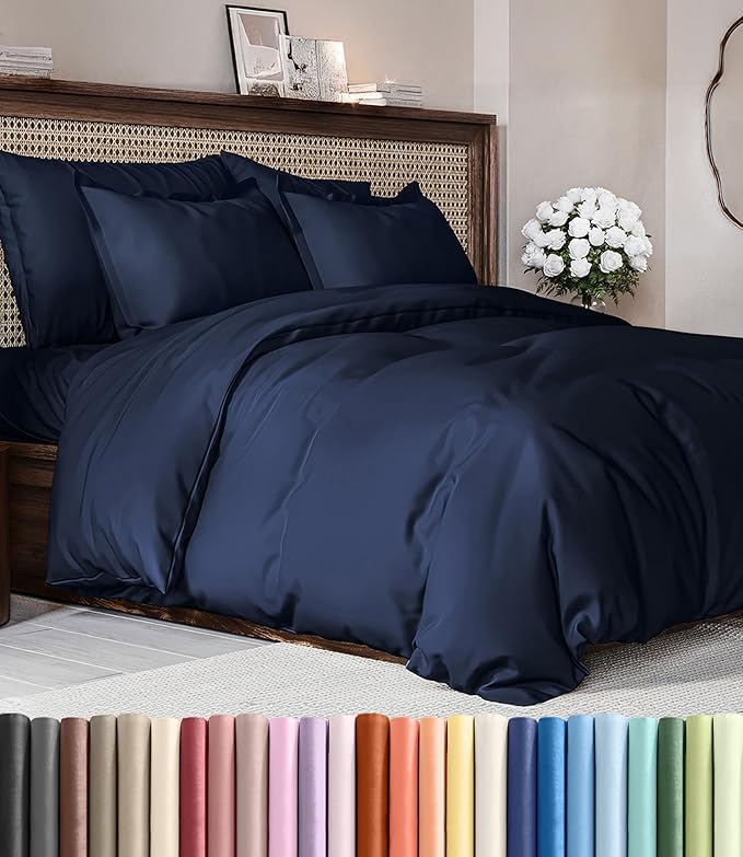 Duvet Cover Oversized King Size Set - Extra Soft Oversized King Duvet Cover with 2 Pillow Shams - Hotel Luxury, Easy Care & Fade Free w/ Zipper Closures & Ties - Comfy, Cozy & Breathable (Navy Blue)
