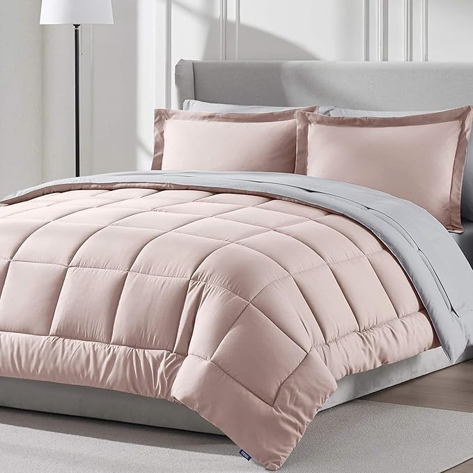 Nestl 9 Piece California King Comforter Set – Blush Pink Reversible Bed in a Bag – Complete Cal King Size Bedding Set with Sheets, Set of 2 Down Alternative Pillows, Pillowcases and Shams