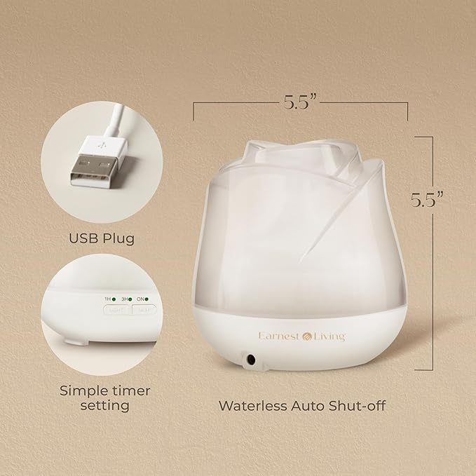 Earnest Living Rose Essential Oil Diffuser 150ml – Mini Ultrasonic Aromatherapy Humidifier for Bedroom & Desk, Quiet Mist, USB Powered, 7-Color Night Light, for Women, Frosted White
