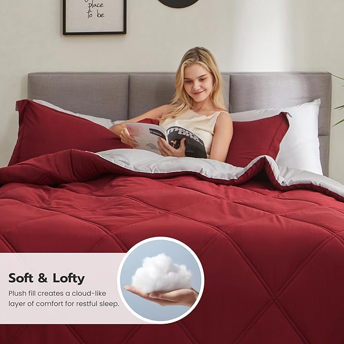 JOIEDOMI Full Size Comforter Set with Sheets Red, 7 Pieces Full Size Bed Set with 1 Down Alternative Comforter, 1 Flat Sheet, 1 Fitted Sheet, 2 Pillowcases and 2 Pillow Shams, Bed in a Bag All Seasons