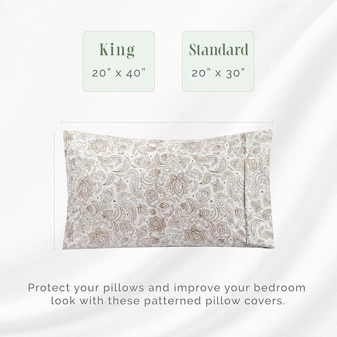 Elegant Comfort Ultra Soft Set of 2 Floral Print Pillowcases - 1500 Premium Hotel Quality Microfiber, Soft and Smooth Envelope Closure 2-Piece Pillow Covers - Standard/Queen, Paisley Taupe