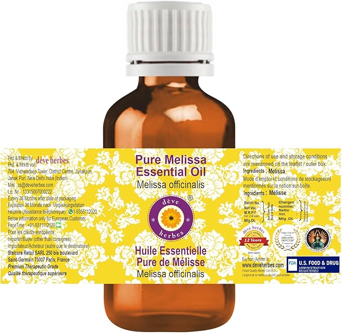 dève herbes Melissa Essential Oil (Melissa officinalis) Pure | Non-Sticky | Non-Greasy | Lightweight | Men & Women | All Skin Types | Steam Distilled 50ml (1.69 oz)