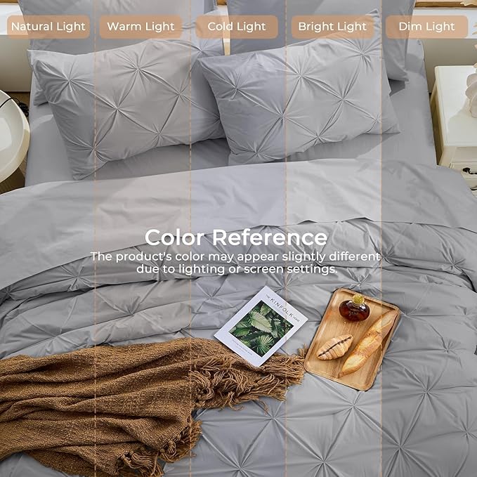 Sasttie King Size Comforter Set, 7-Piece Bed in a Bag, Pintuck Bedding Sets for All Season, Includes Comforter, Flat Sheet, Fitted Sheet, Pillowcases and Pillowshams, Light Grey