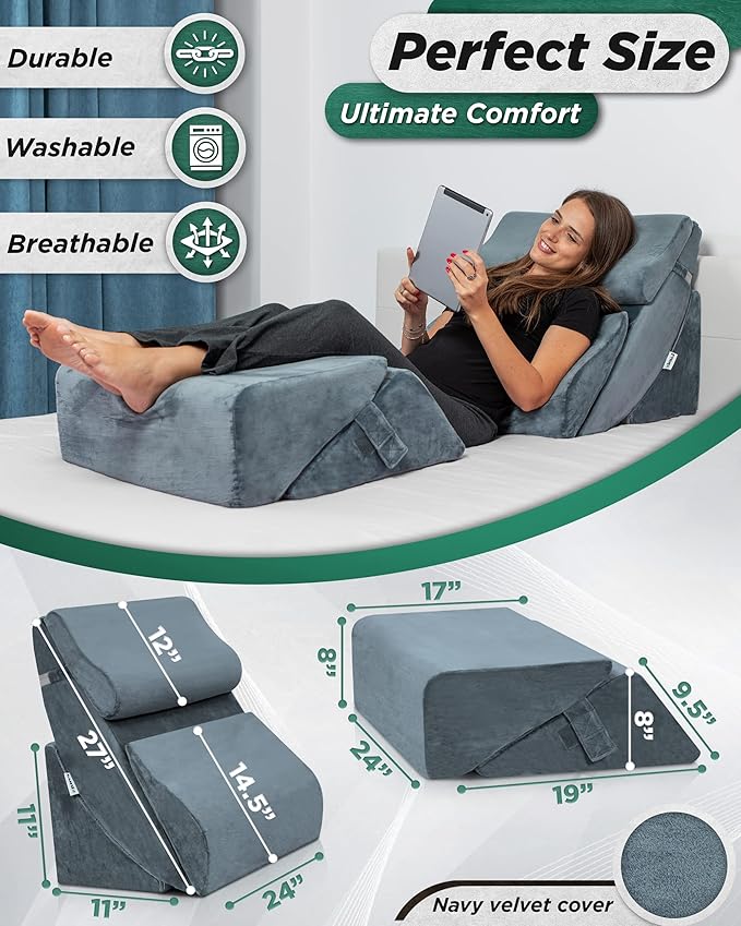 Lunix LX13 6-Piece Post-Surgery Recovery System, Orthopedic Bed Wedge Pillow Set for Tummy Tuck & Back Comfort - Zero-Gravity Memory Foam, Stone Navy