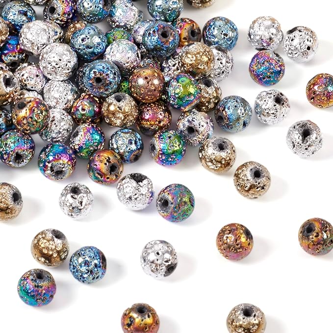 Craftdady 150Pcs 6.5mm Natural Lava Stone Beads Round Metallic Volcanic Rock Gemstone Beads Bumpy Spacer Beads for Craft DIY Essential Oil Bracelet Jewelry Making Supplies