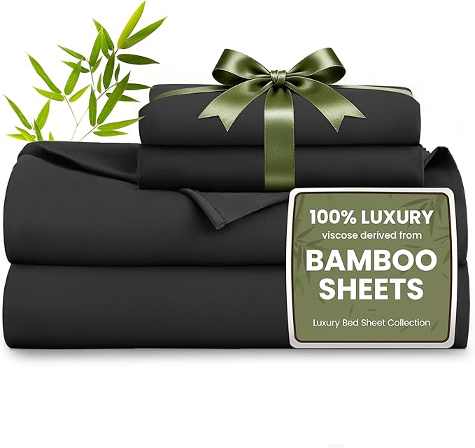 Love's cabin 4 Piece Full Size Sheet Set, 100% Rayon Derived from Bamboo, Cooling & Breathable, Soft Silky Deep Pocket up to 16", Hotel Luxury Bedding for Hot Sleepers, Black