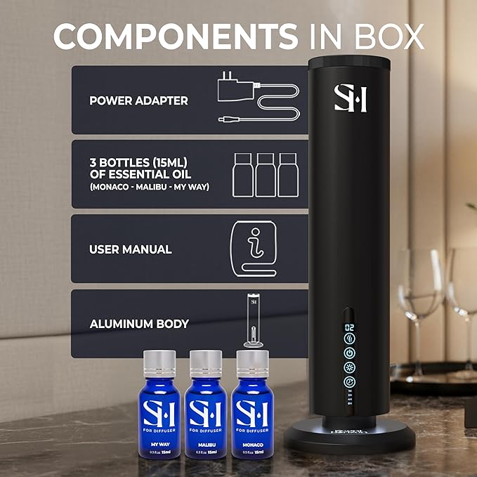 Hotel Waterless Scent Diffuser, Tower Design Upgrade 2026 | Rechargeable Battery Cold Air Oil Diffuser for Large Homes, Offices, Hotels & Spas (1200 Sq.Ft) | Includes 3 x 50ml Premium Fragrance Oils